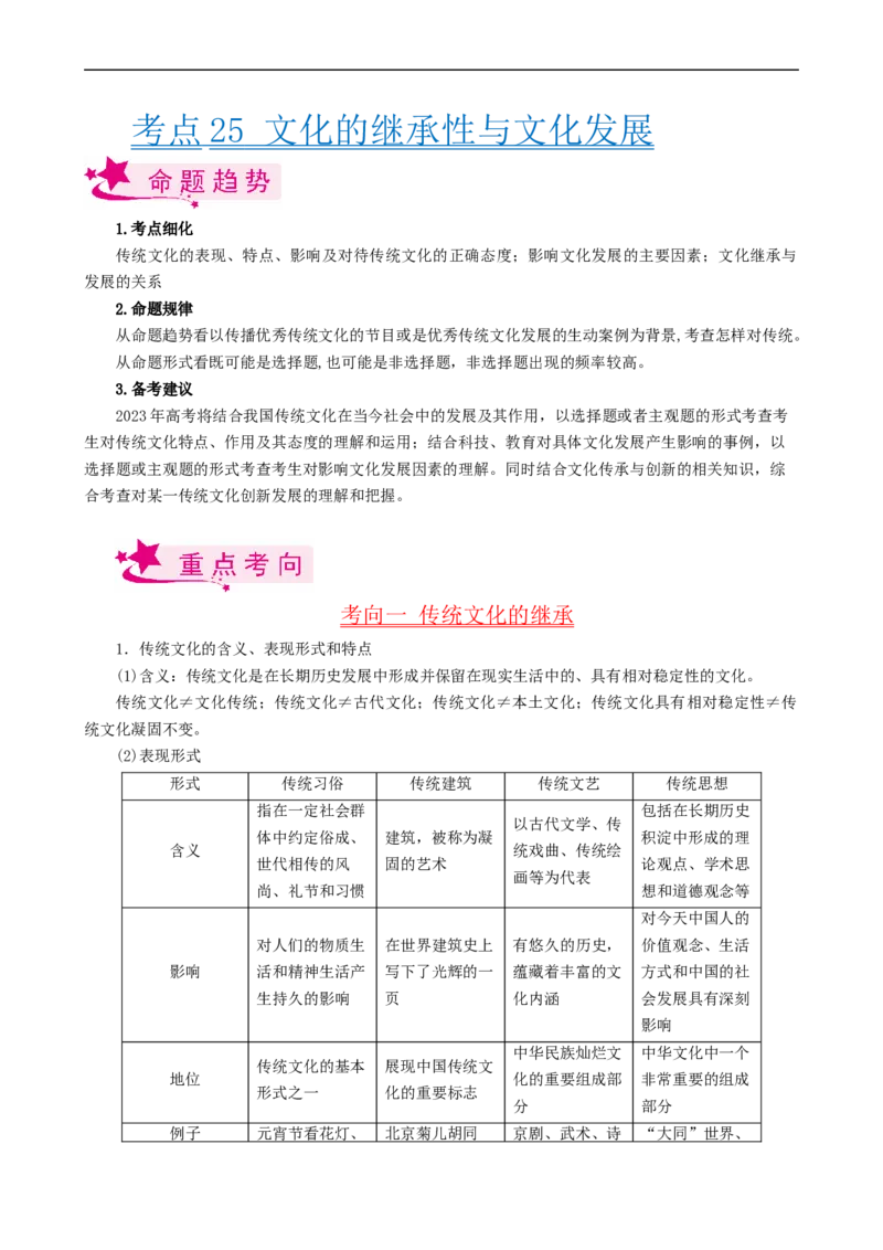 考点25文化的继承性与文化发展（考点帮）-备战2023年高考政治一轮复习考点帮（人教版）_8.2025政治总复习_赠品通用版（老高考）复习资料_一轮复习