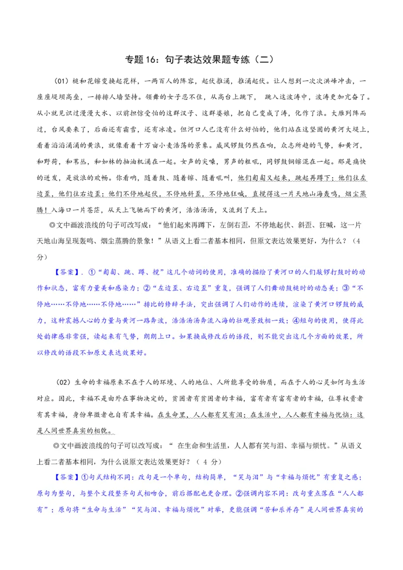 专题16：句子表达效果题专练（二）-2023年高考语文语言文字运用题重点突破(1)_1.2025语文总复习_2023年新高考资料_专项复习_2023年高考语文语言文字运用题重点突破