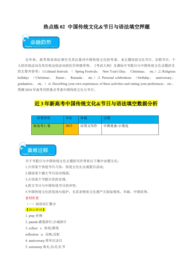热点02中国传统文化&节日与语法填空押题-2024年高考英语热点&middot;重点&middot;难点专练（新高考专用）（解析版）_3.2025英语总复习_2024年新高考资料_3.2024专项复习
