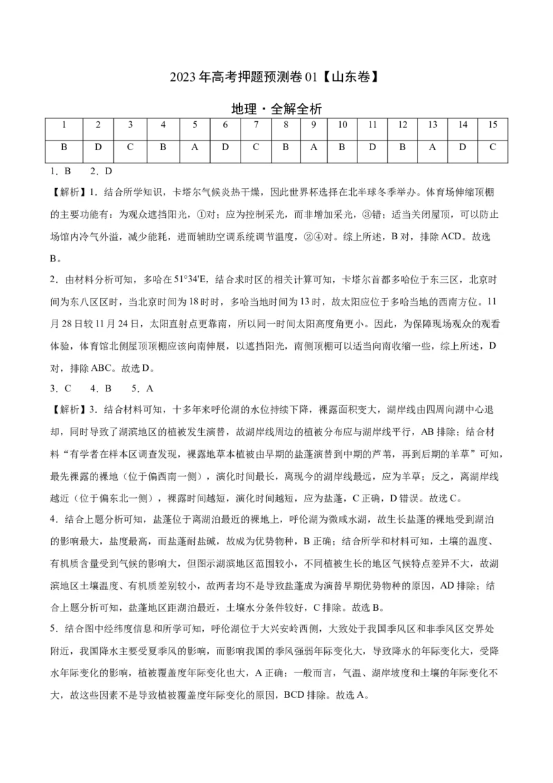2023年高考押题预测卷01（山东卷）-地理（全解全析）_9.2025地理总复习_2023年新高考复习资料_42023年高考地理押题预测卷