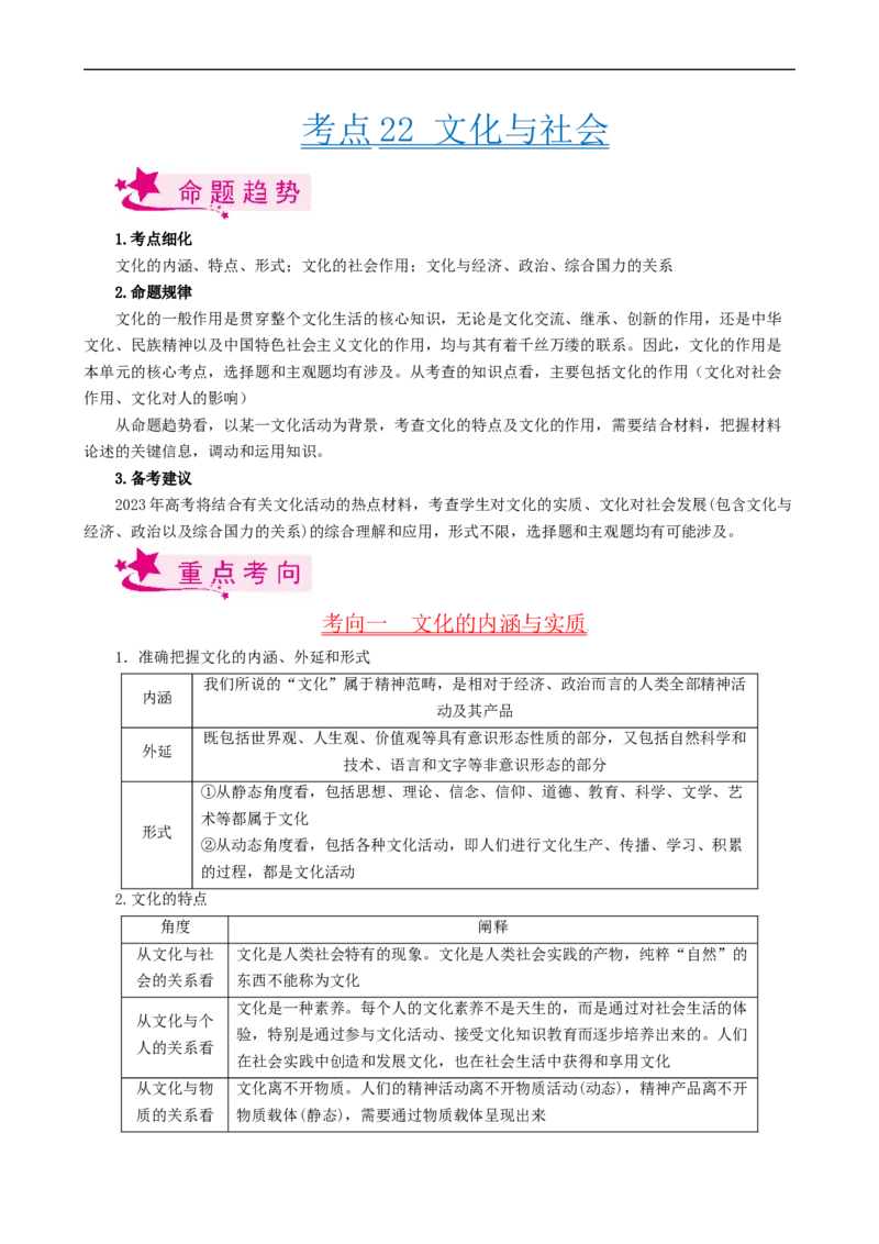 考点22文化与社会（考点帮）-备战2023年高考政治一轮复习考点帮（人教版）_8.2025政治总复习_赠品通用版（老高考）复习资料_一轮复习