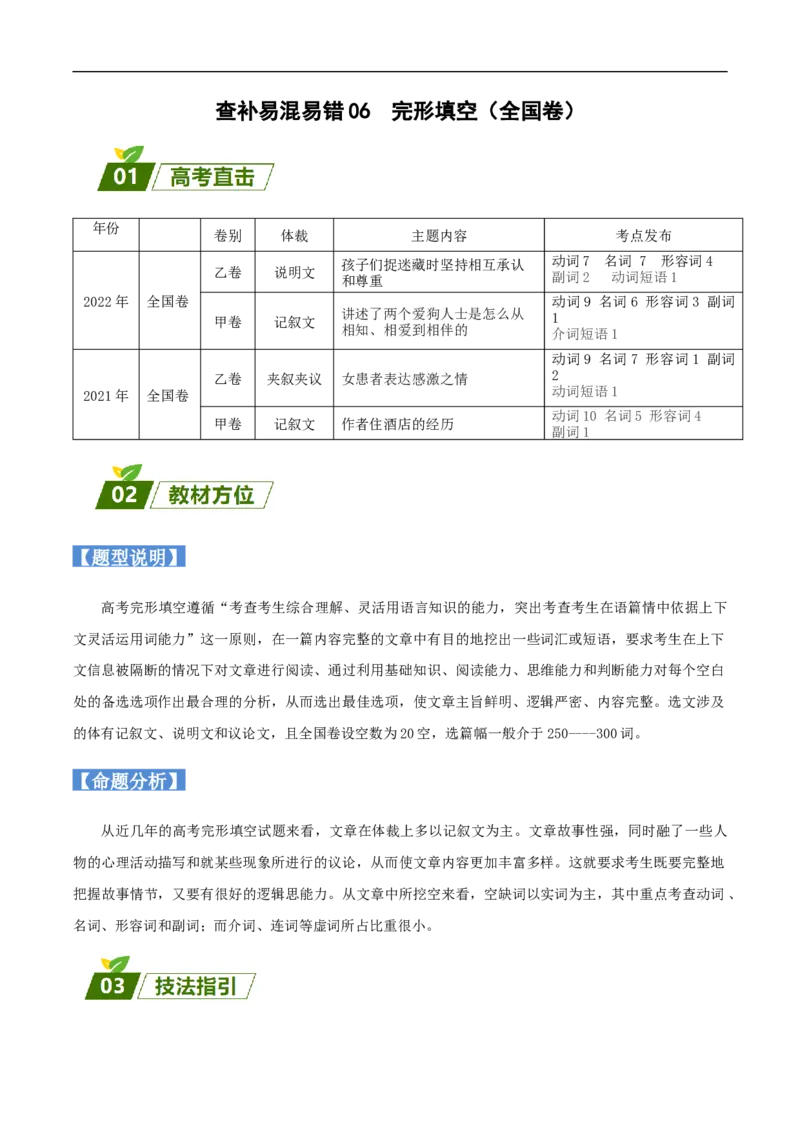 查补易混易错点06完形填空（原卷版）_3.2025英语总复习_赠品通用版（老高考）复习资料_三轮复习_查漏补缺2023年高考英语三轮冲刺过关（全国通用）