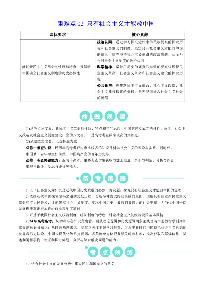 重难点02只有社会主义才能救中国（原卷版）_8.2025政治总复习_2024年新高考资料_3.2024专项复习_2024年高考政治热点&middot;重点&middot;难点专练（新高考专用）_重难点