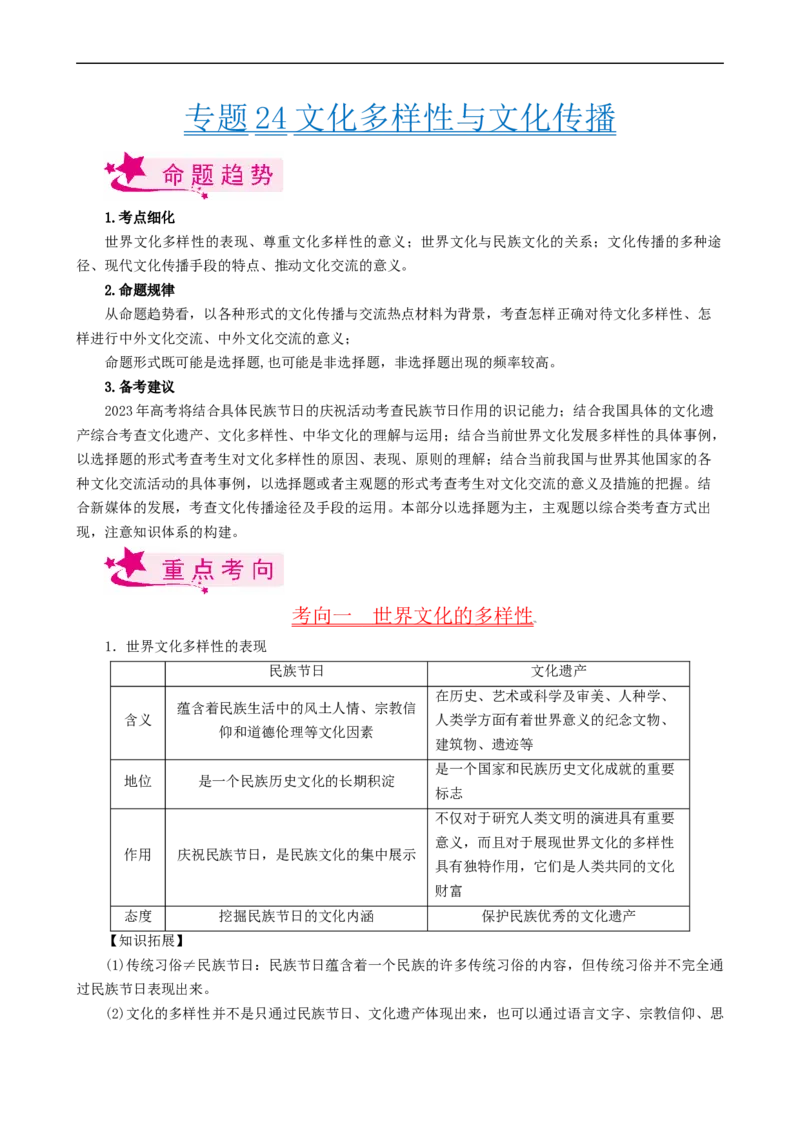 考点24文化的多样性与文化传播（考点帮）-备战2023年高考政治一轮复习考点帮（人教版）_8.2025政治总复习_赠品通用版（老高考）复习资料_一轮复习