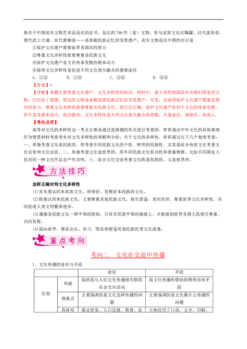 考点24文化的多样性与文化传播（考点帮）-备战2023年高考政治一轮复习考点帮（人教版）_8.2025政治总复习_赠品通用版（老高考）复习资料_一轮复习