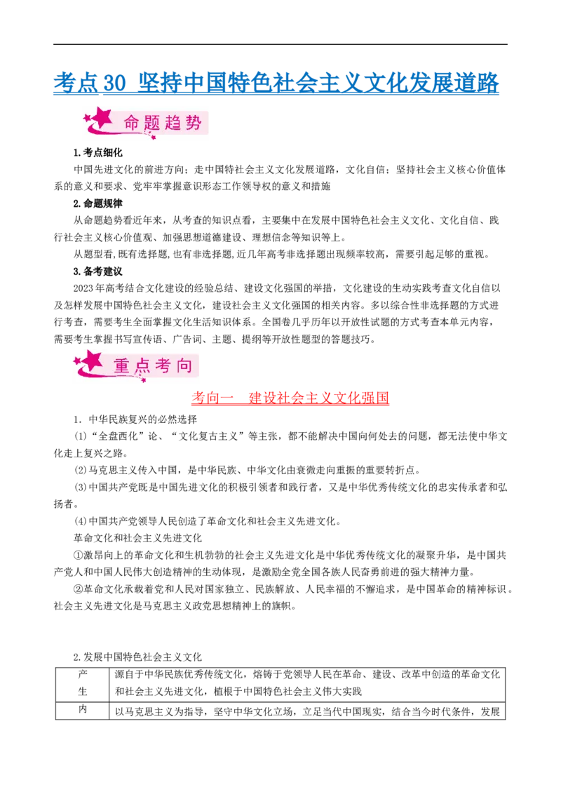 考点30坚持中国特色社会主义文化发展道路（考点帮）-备战2023年高考政治一轮复习考点帮（人教版）_8.2025政治总复习_赠品通用版（老高考）复习资料_一轮复习