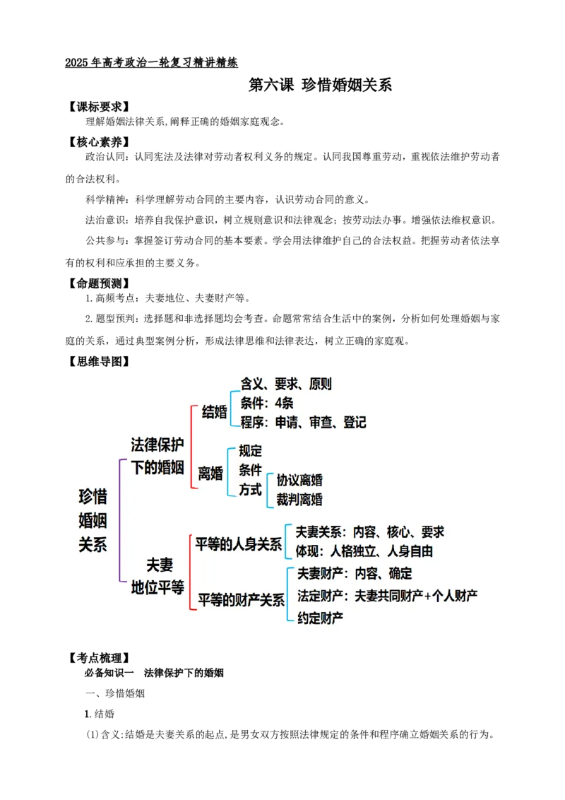 第六课珍惜婚姻关系学案（解析版）抢分秘籍2025年高考政治一轮复习精讲精练_8.2025政治总复习_2025年新高考资料_一轮复习_2025年高考政治一轮复习精讲精练（原卷版+解析版）