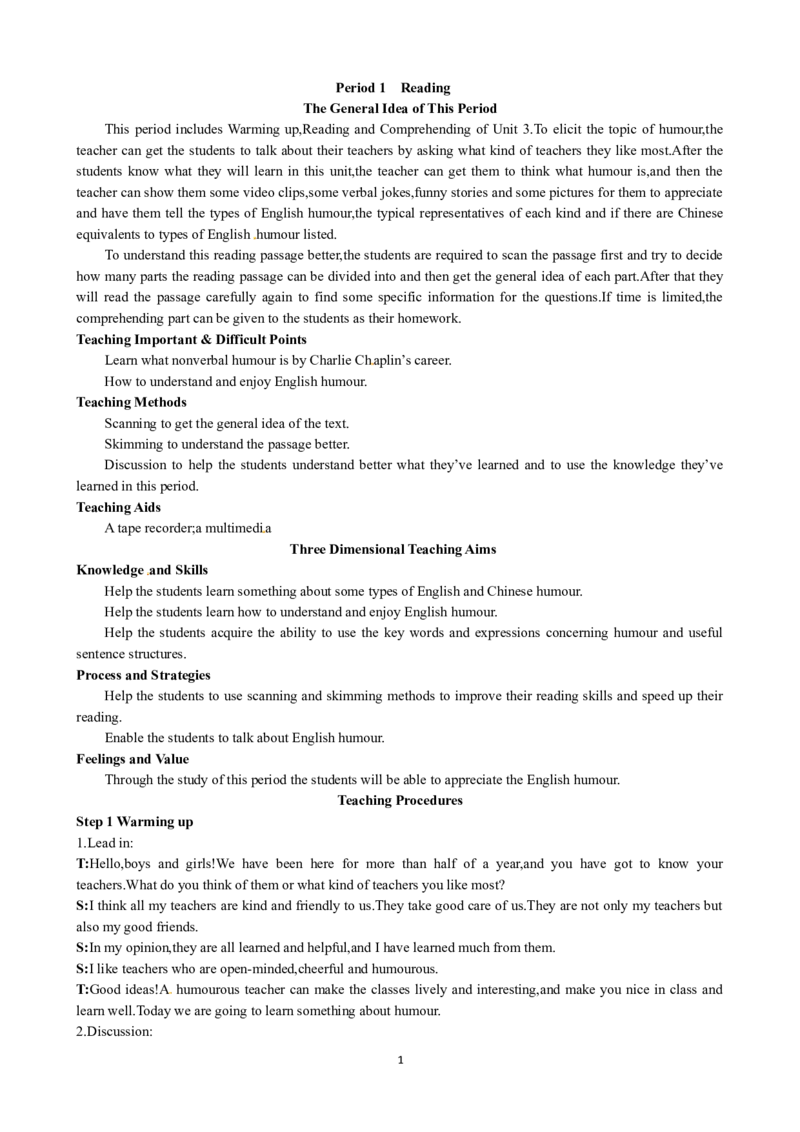 Unit3AtasteofEnglishhumourPeriod1Reading优秀教案（人教版必修4）(1)_教资初高中_教资面试2025教资面试备考资料合集_教资面试资料合集_2025教资面试资料_25上教资面试-小学资料包