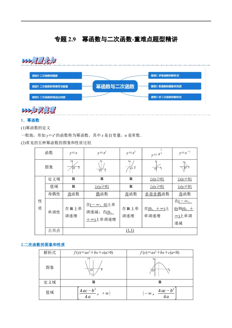 专题2.9幂函数与二次函数-重难点题型精讲（举一反三）（新高考地区专用）（原卷版）_2.2025数学总复习_2023年新高考资料_一轮复习_2023年高考数学一轮复习举一反三（新高考地区专用）