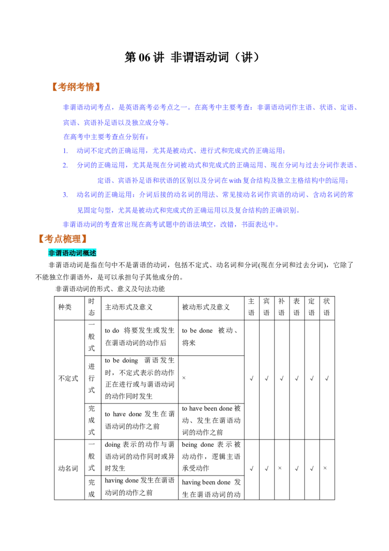 第06讲非谓语动词（讲）-2023年高考英语一轮复习讲练测（全国通用）（教案）_3.2025英语总复习_赠品通用版（老高考）复习资料_一轮复习_2023年高考英语一轮复习讲练测（全国通用）