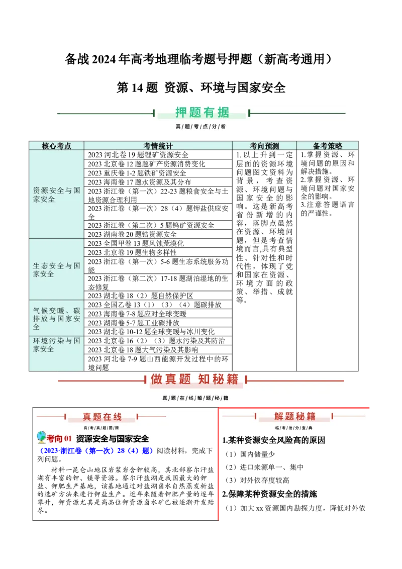 押新高考14资源、环境与国家安全-备战2024年高考地理临考题号押题（新高考通用）（原卷版）_9.2025地理总复习_2024年新高考资料_5.2024三轮冲刺