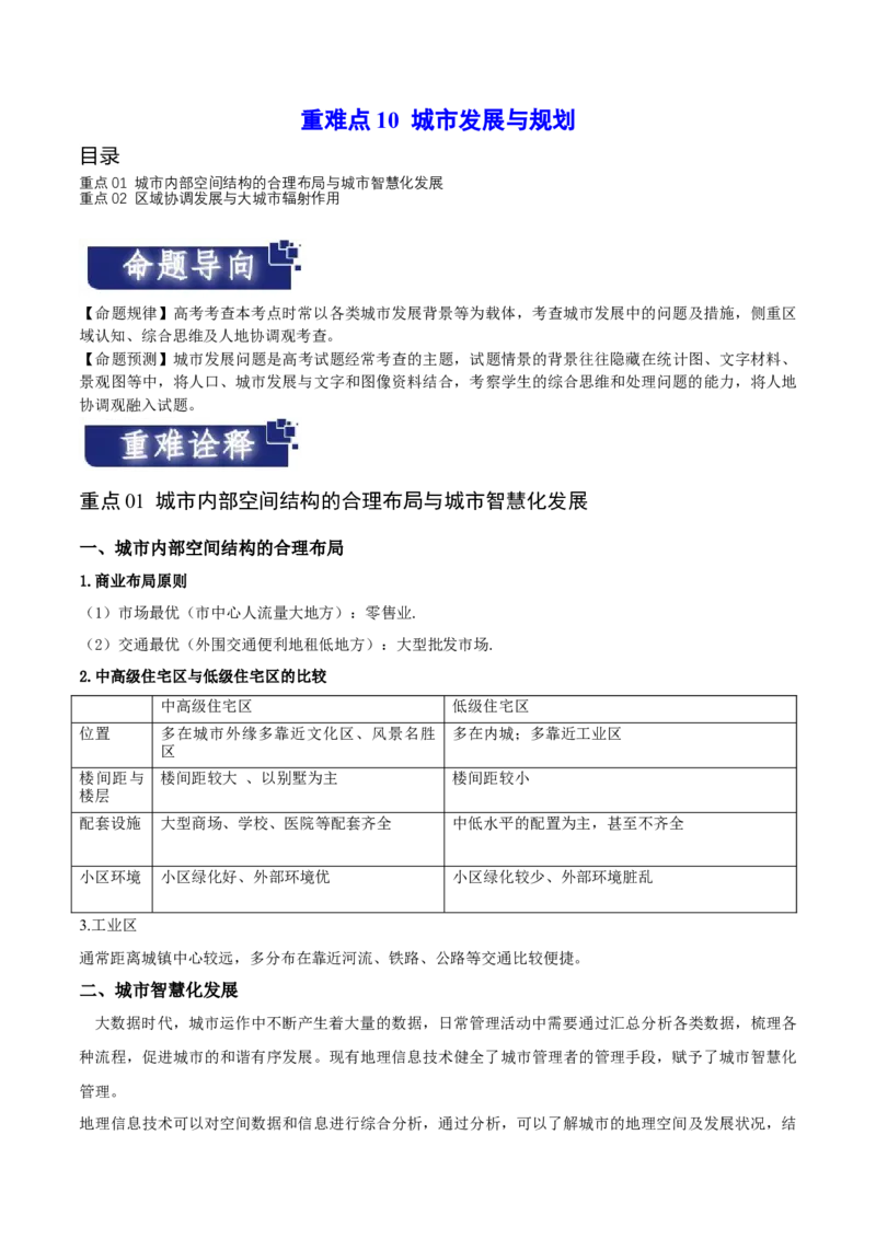 重难点10城乡发展与规划-2024年高考地理热点&middot;重点&middot;难点专练（新高考专用）（解析版）_9.2025地理总复习_2024年新高考资料_3.2024专项复习