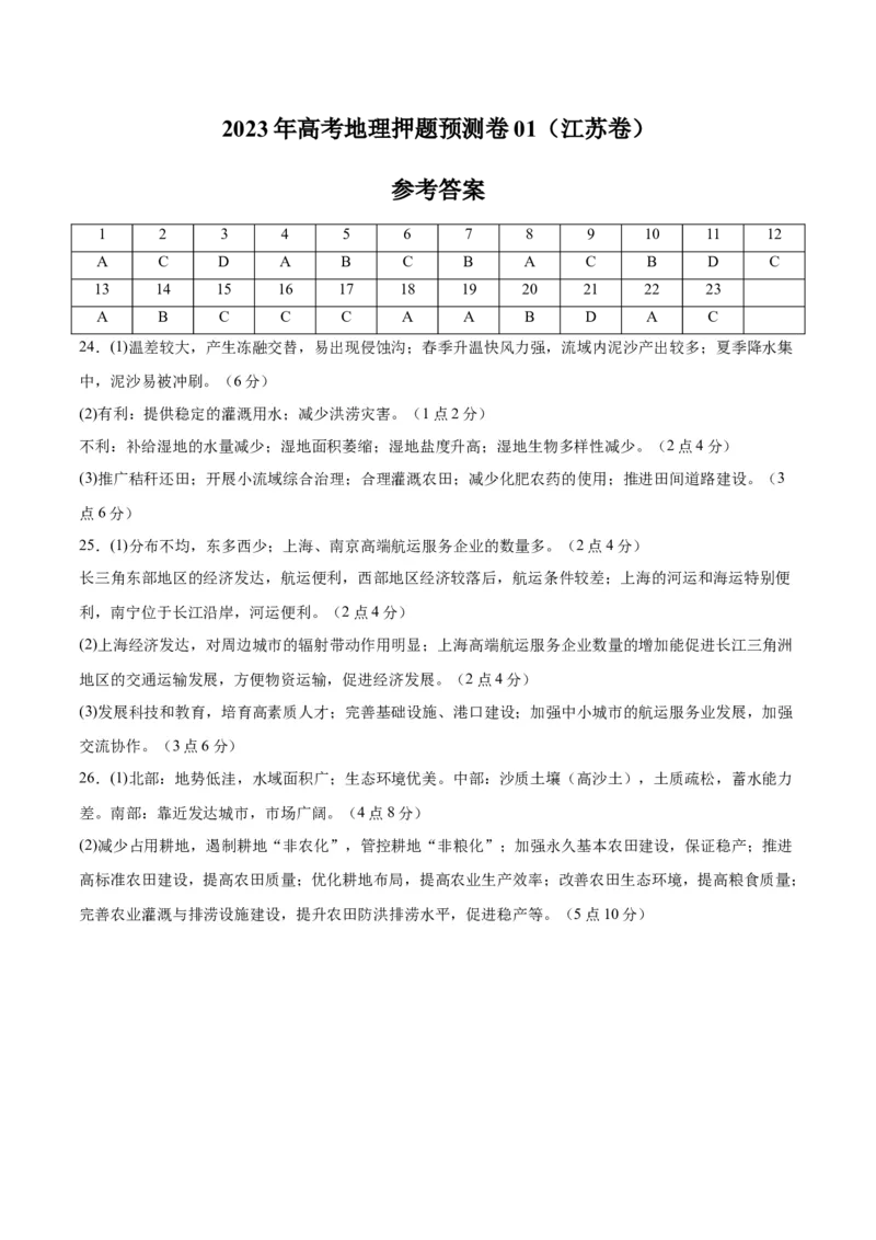 地理-2023年高考押题预测卷01（江苏卷）（参考答案）_9.2025地理总复习_2023年新高考复习资料_42023年高考地理押题预测卷