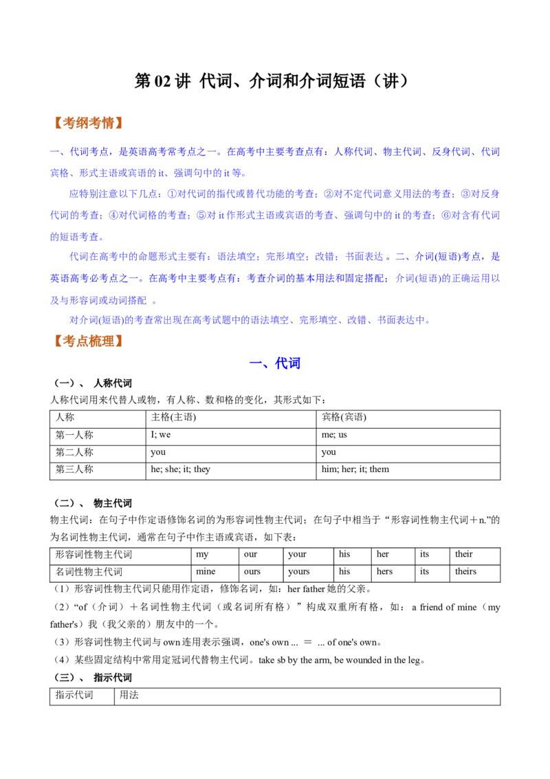 第02讲代词、介词和介词短语（讲）-2023年高考英语一轮复习讲练测（全国通用）（学案）_3.2025英语总复习_赠品通用版（老高考）复习资料_一轮复习