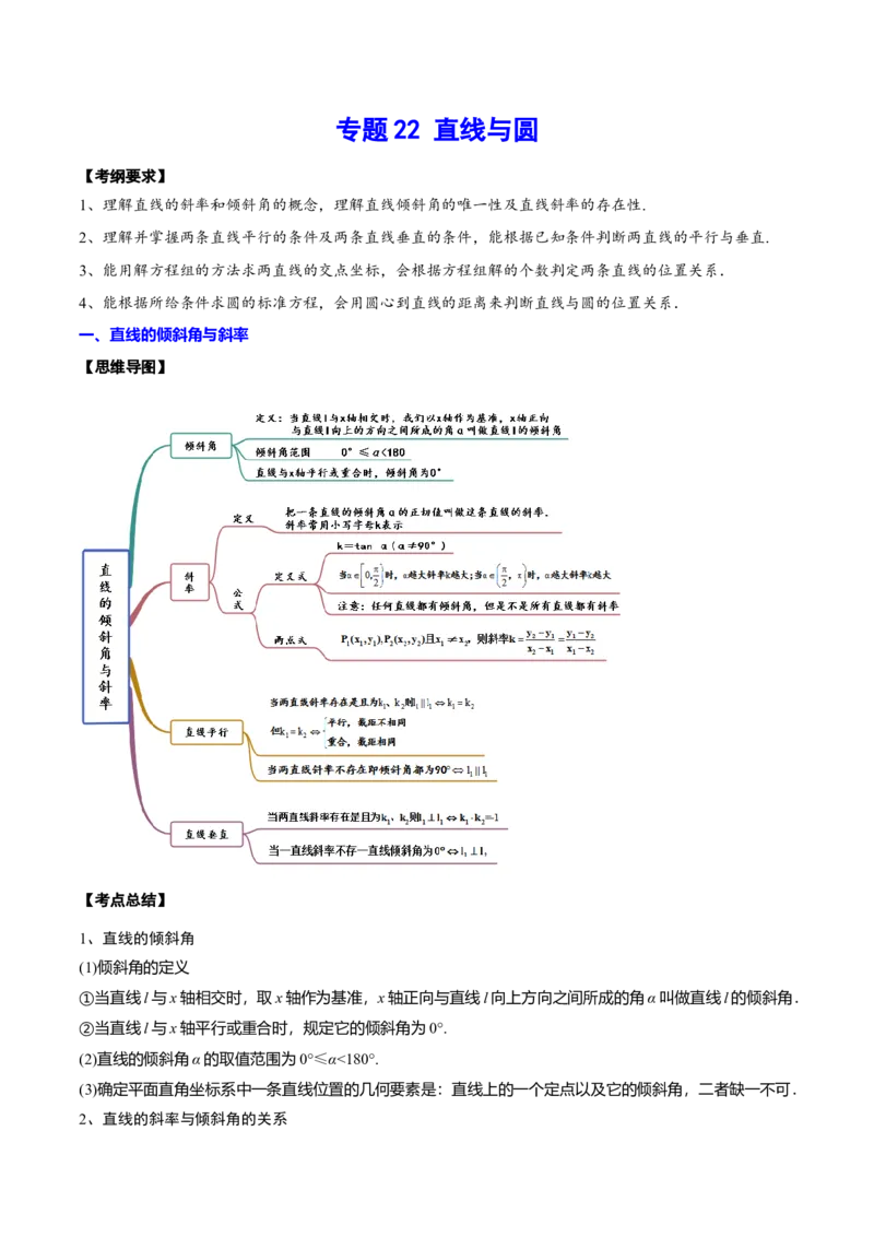 专题22直线与圆(原卷版)_2.2025数学总复习_2023年新高考资料_2023年新高考数学知识点总结与题型精练（新高考地区专用）