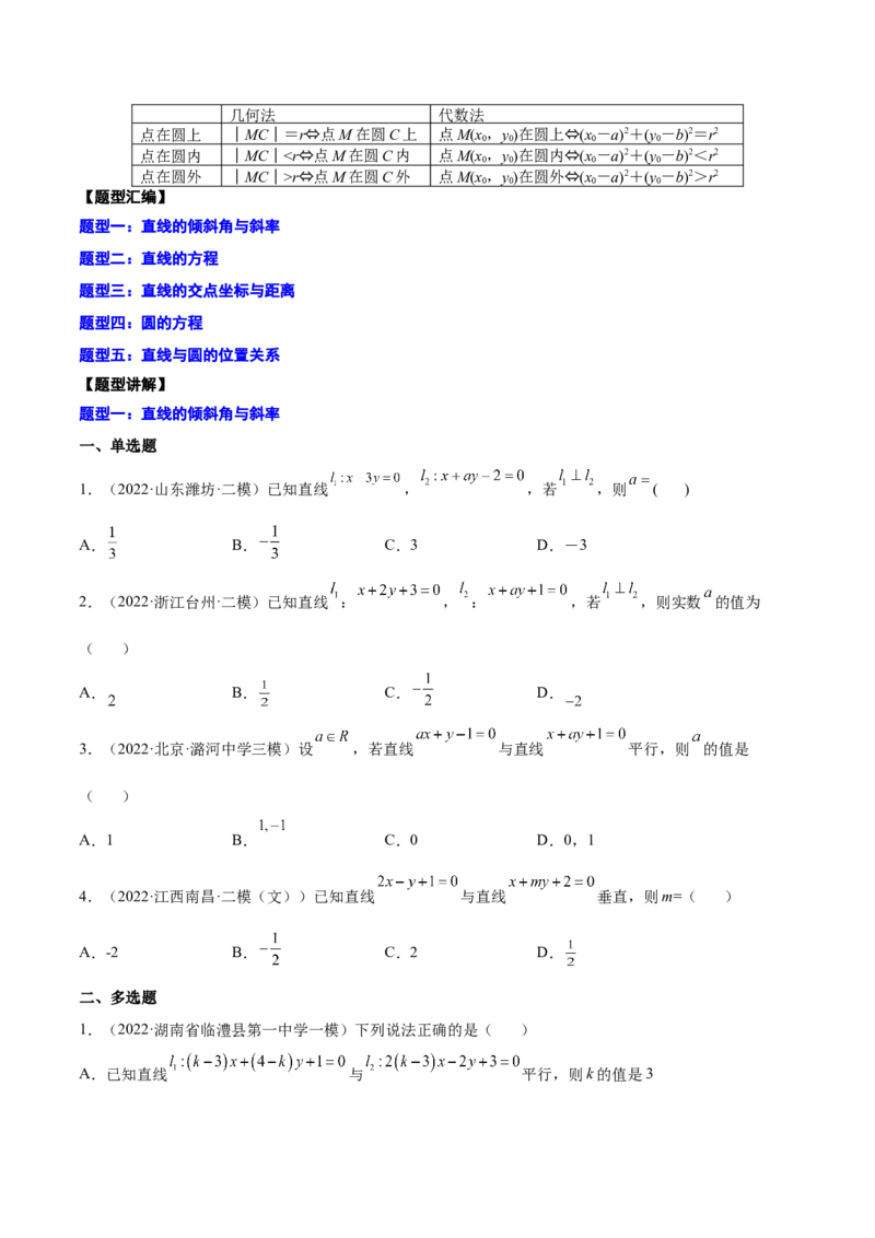 专题22直线与圆(原卷版)_2.2025数学总复习_2023年新高考资料_2023年新高考数学知识点总结与题型精练（新高考地区专用）