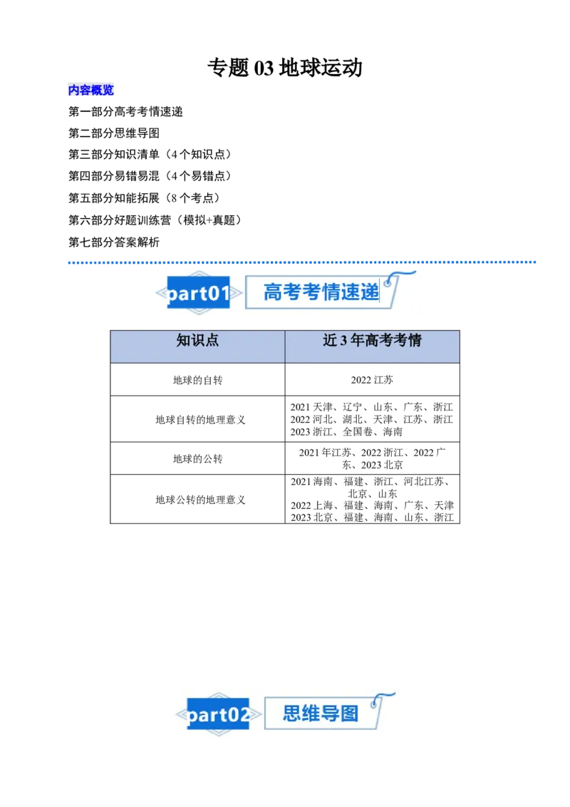专题03地球运动-口袋书2024年高考地理一轮复习知识清单_9.2025地理总复习_2024年新高考资料_1.2024一轮复习_2024年高考地理一轮复习知识清单