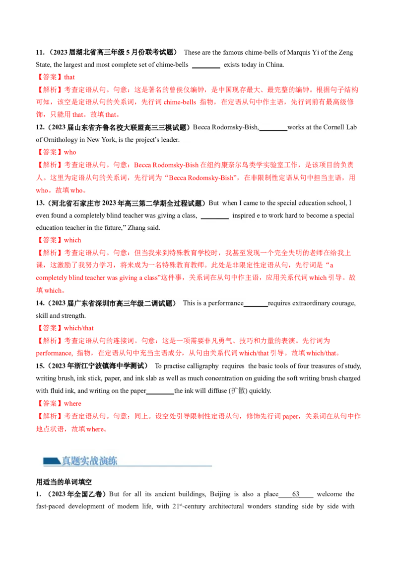 第11讲定语从句（练）-2024年高考英语一轮复习讲练测（新教材新高考）（解析版）_3.2025英语总复习_2024年新高考资料_1.2024一轮复习_2024年高考英语一轮复习讲练测（新教材新高考）