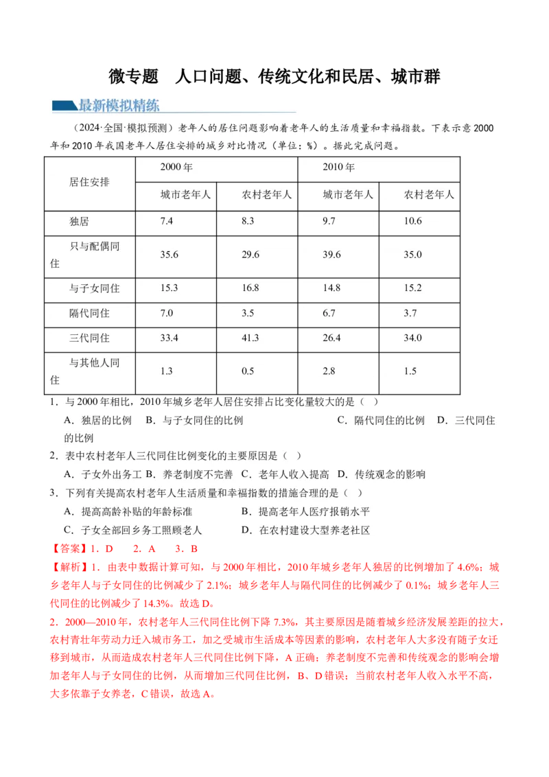 微专题人口问题、传统文化和民居、城市群（练习）（解析版）_9.2025地理总复习_2024年新高考资料_2.2024二轮复习_2024年高考地理二轮复习讲练测（新教材新高考）_微专题