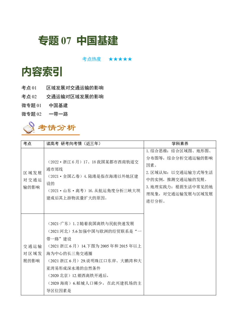 专题07中国基建（讲义）（word版）-高频考点解密2023年高考地理二轮专题复习课件+讲义+分层训练（新高考专用）_9.2025地理总复习_2023年新高考复习资料_二轮复习