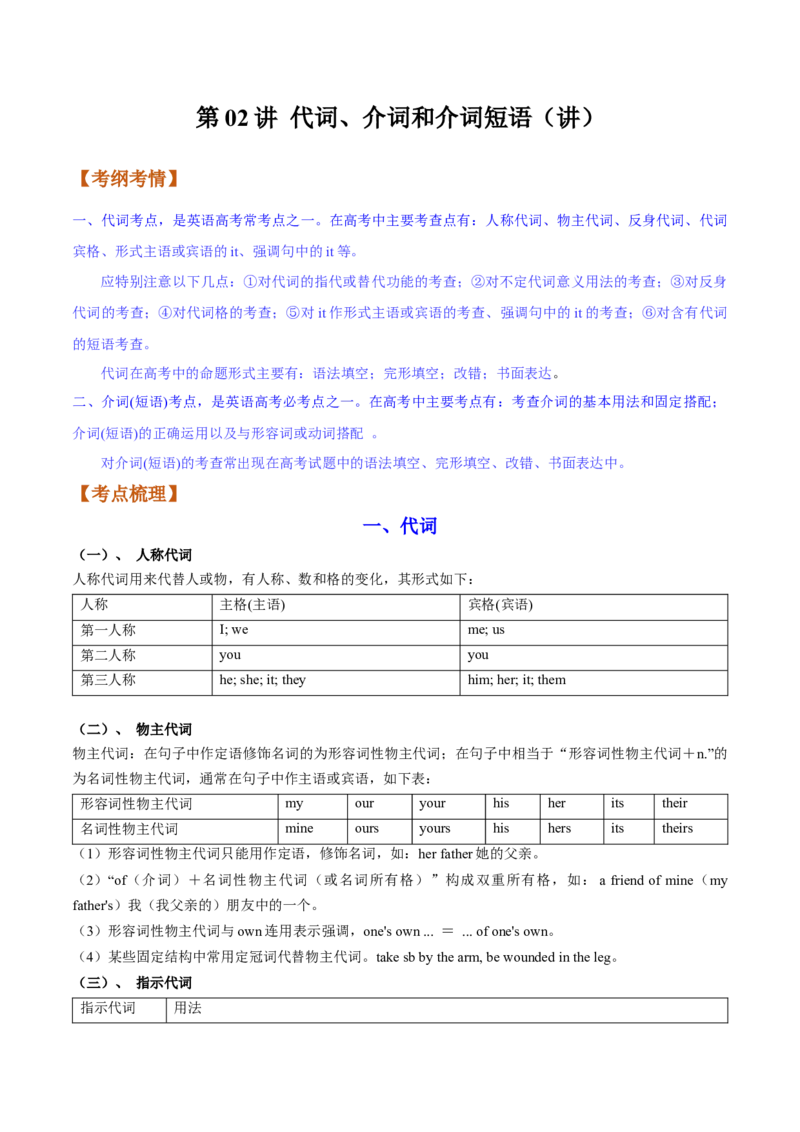 第02讲代词、介词和介词短语（讲）-2023年高考英语一轮复习讲练测（全国通用）（教案）_3.2025英语总复习_赠品通用版（老高考）复习资料_一轮复习
