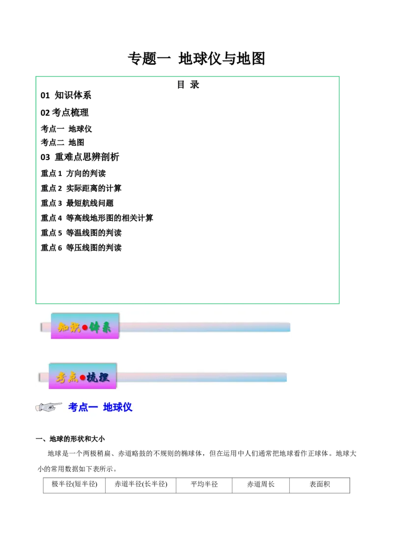 专题1地球仪与地图（讲义）（原卷版）_9.2025地理总复习_2024年新高考资料_3.2024专项复习_备战2024年高考地理总复习专题考点+微专题集成讲练辑