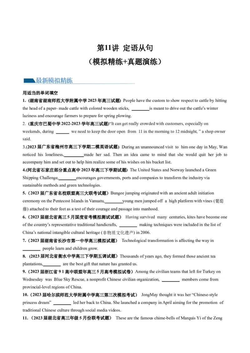 第11讲定语从句（练）-2024年高考英语一轮复习讲练测（新教材新高考）（原卷版）_3.2025英语总复习_2024年新高考资料_1.2024一轮复习_2024年高考英语一轮复习讲练测（新教材新高考）