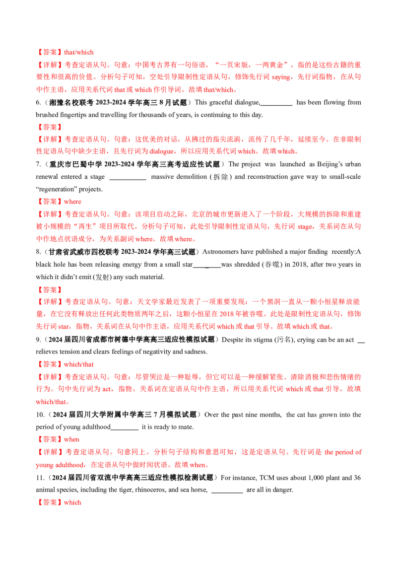 第11讲定语从句（测试）-2024年高考英语一轮复习讲练测（新教材新高考）（解析版）_3.2025英语总复习_2024年新高考资料_1.2024一轮复习_2024年高考英语一轮复习讲练测（新教材新高考）