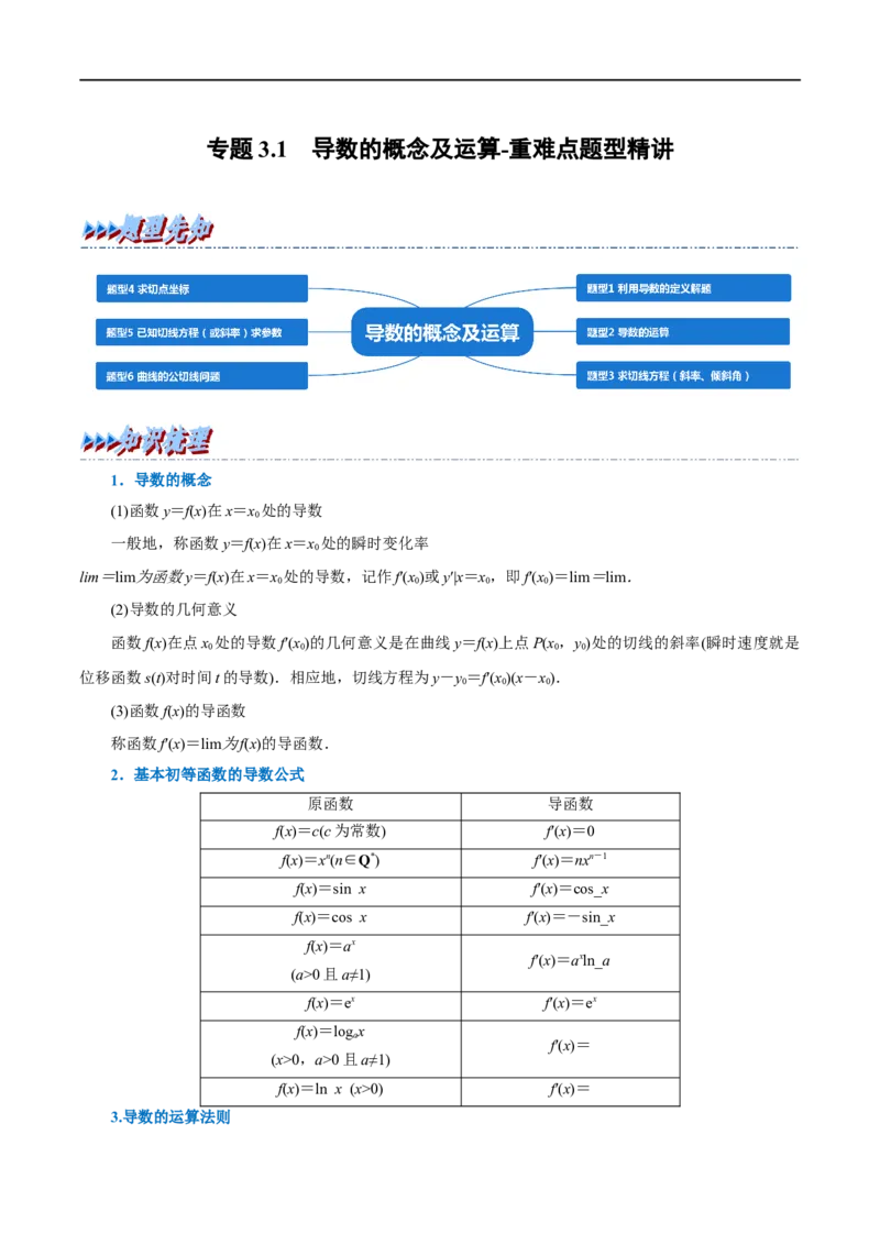 专题3.1导数的概念及运算-重难点题型精讲（举一反三）（新高考地区专用）（原卷版）_2.2025数学总复习_2023年新高考资料_一轮复习_2023年高考数学一轮复习举一反三（新高考地区专用）
