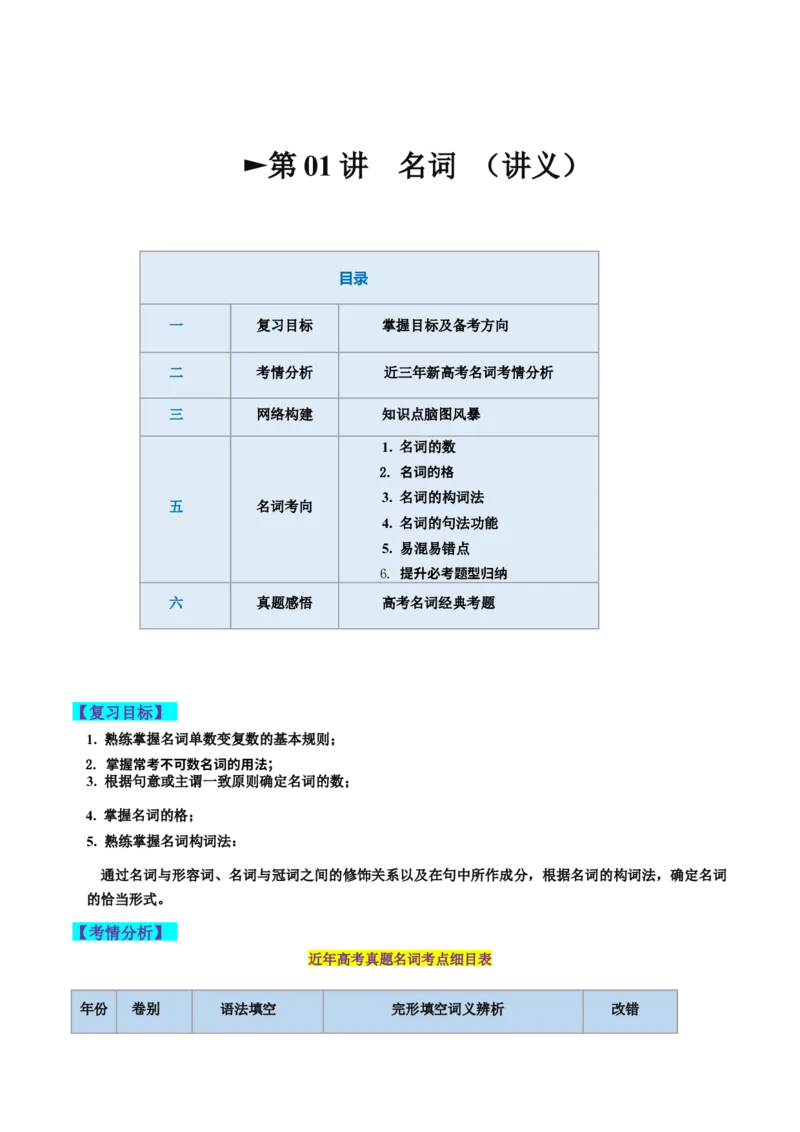 第01讲名词（讲义）--2024年高考英语一轮复习讲练测（新教材新高考）（原卷版）_3.2025英语总复习_2024年新高考资料_1.2024一轮复习_2024年高考英语一轮复习讲练测（新教材新高考）