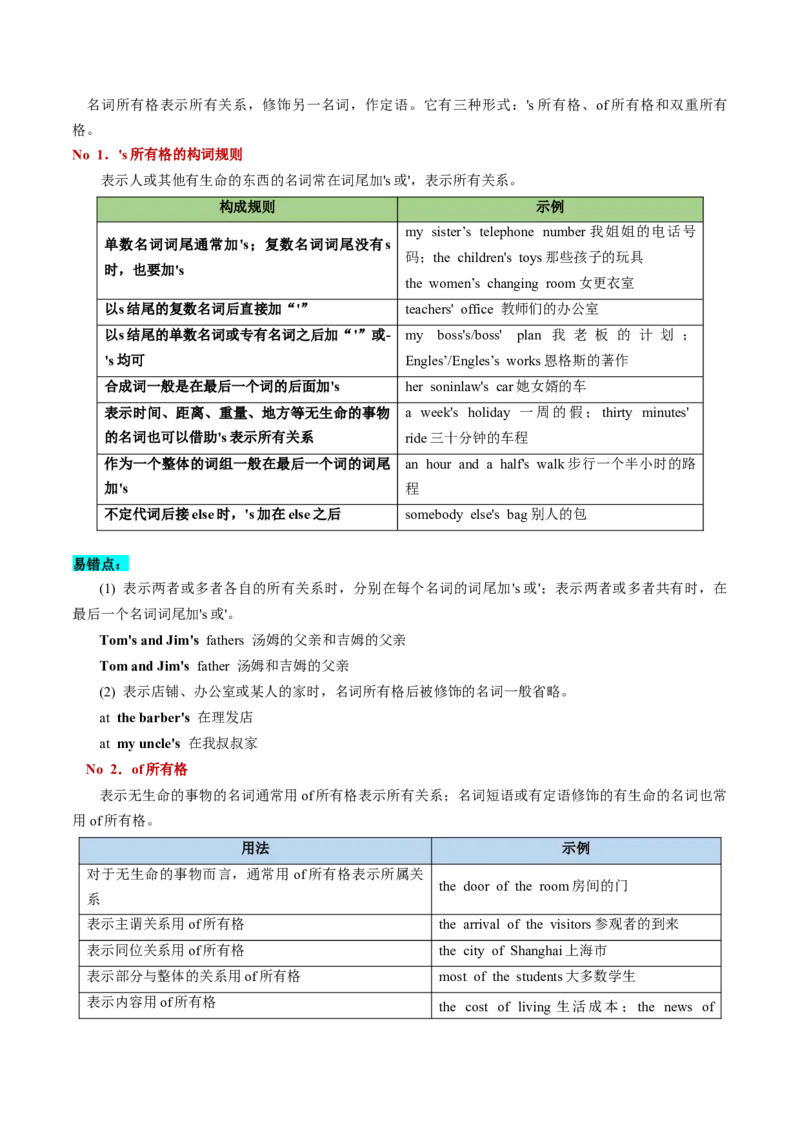 第01讲名词（讲义）--2024年高考英语一轮复习讲练测（新教材新高考）（原卷版）_3.2025英语总复习_2024年新高考资料_1.2024一轮复习_2024年高考英语一轮复习讲练测（新教材新高考）