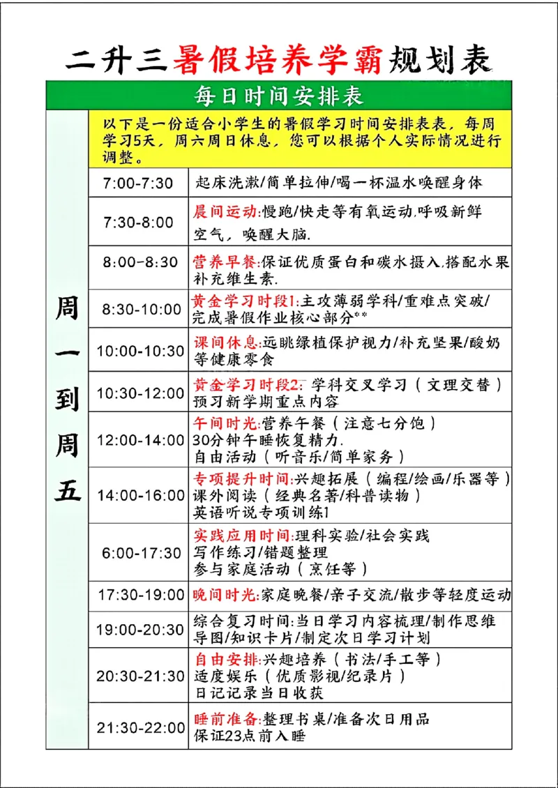 二升三暑假培养学霸规划表_小学资料合集_1-6年级暑假培养学霸规划表