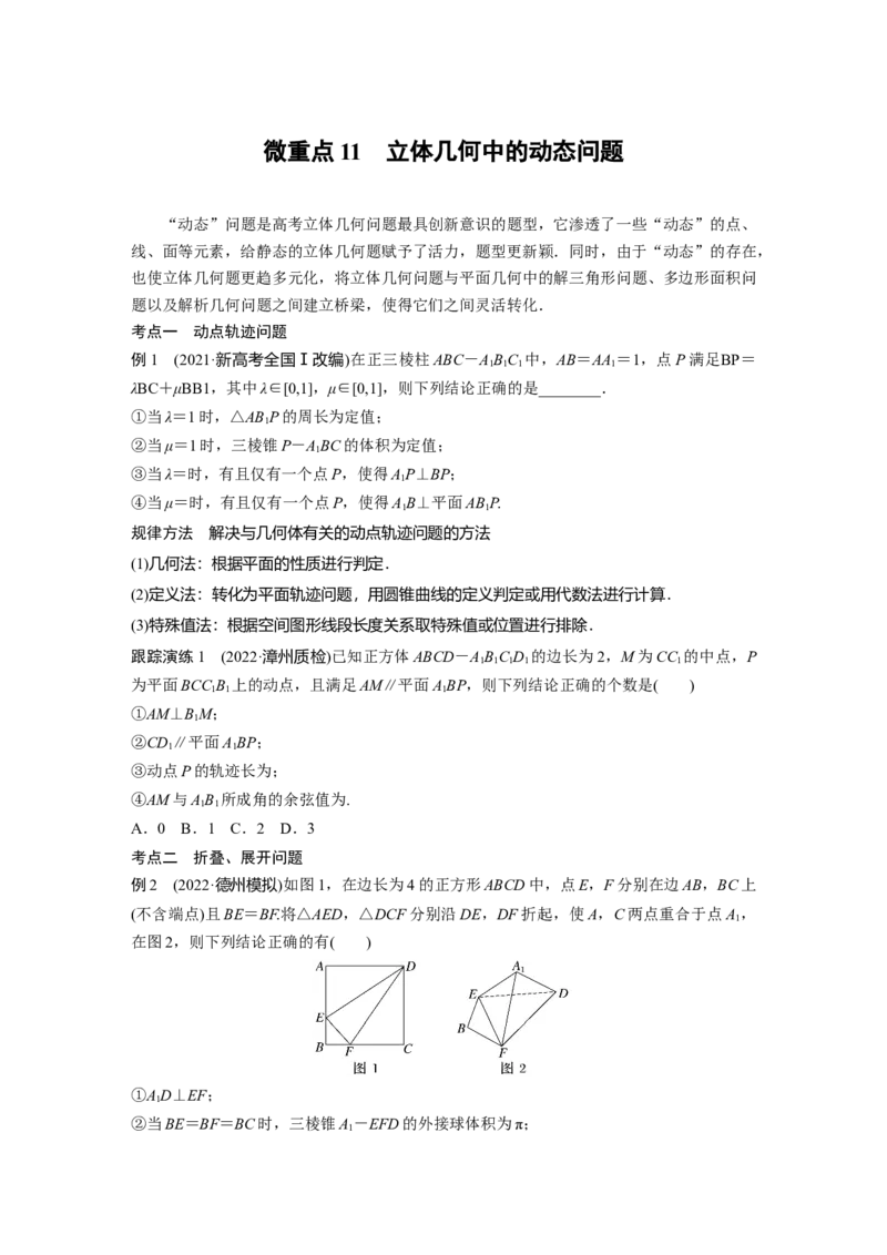 专题4微重点11　立体几何中的动态问题_2.2025数学总复习_赠品通用版（老高考）复习资料_二轮复习_2023年高考数学二轮复习讲义+课件（全国版理科）_学生版_学生用书Word版文档_679