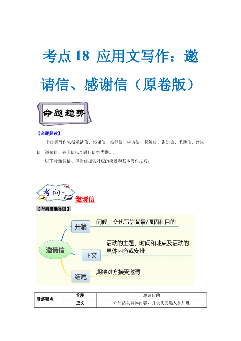 考点18应用文写作：邀请信、感谢信（原卷版）_3.2025英语总复习_2023年新高考资料_一轮复习_备战2023年高考英语一轮复习考点帮（新高考专用）