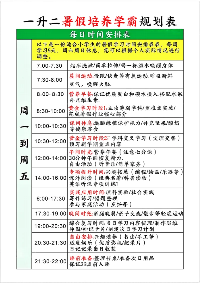 一升二暑假培养学霸规划表_小学资料合集_1-6年级暑假培养学霸规划表