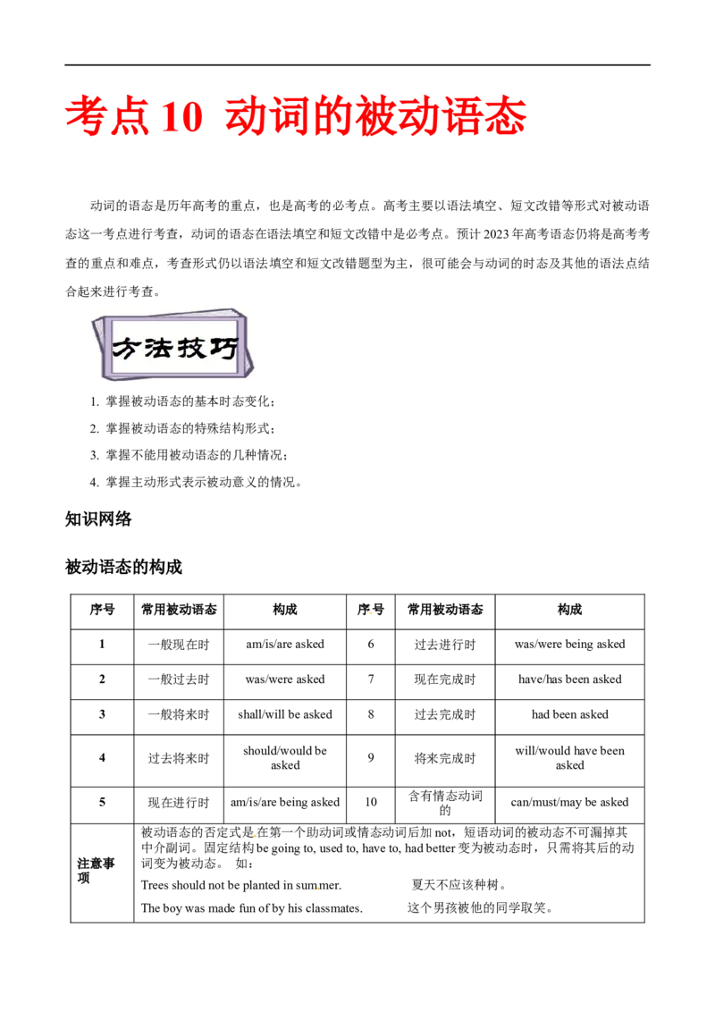 考点10谓语动词的被动语态(原卷版)（重难考点精讲练）-备战2023年高考英语一轮复习考点帮（全国通用）_3.2025英语总复习_赠品通用版（老高考）复习资料_一轮复习