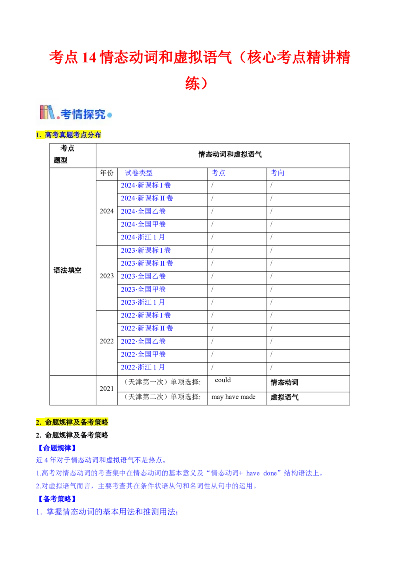 考点14情态动词和虚拟语气（核心考点精讲精练）-备战2025年高考英语一轮复习考点帮（新高考通用）（原卷版）_3.2025英语总复习_2025年新高考资料_一轮复习