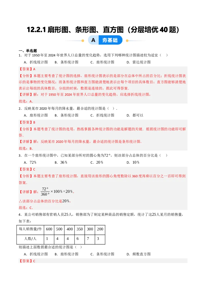 12.2.1扇形图、条形图、直方图（分层培优40题）（教师版）_初中数学_七年级数学下册（人教版）_大单元教学课件+教学设计-U42