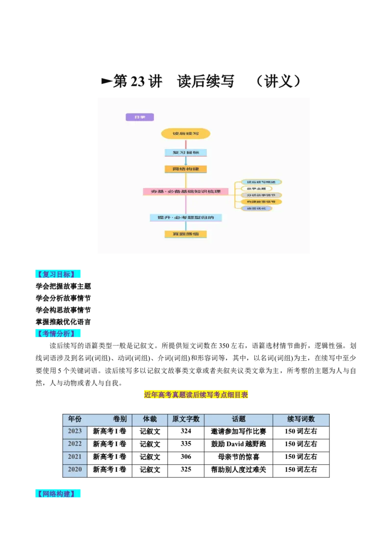 第23讲读后续写（讲义）-2024年高考英语一轮复习讲练测（新教材新高考）（解析版）_3.2025英语总复习_2024年新高考资料_1.2024一轮复习_2024年高考英语一轮复习讲练测（新教材新高考）