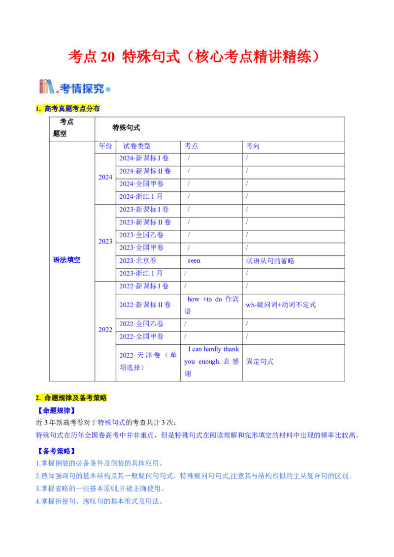 考点20特殊句式（核心考点精讲精练）-备战2025年高考英语一轮复习考点帮（新高考通用）（原卷版）_3.2025英语总复习_2025年新高考资料_一轮复习_备战2025年高考英语一轮复习考点帮