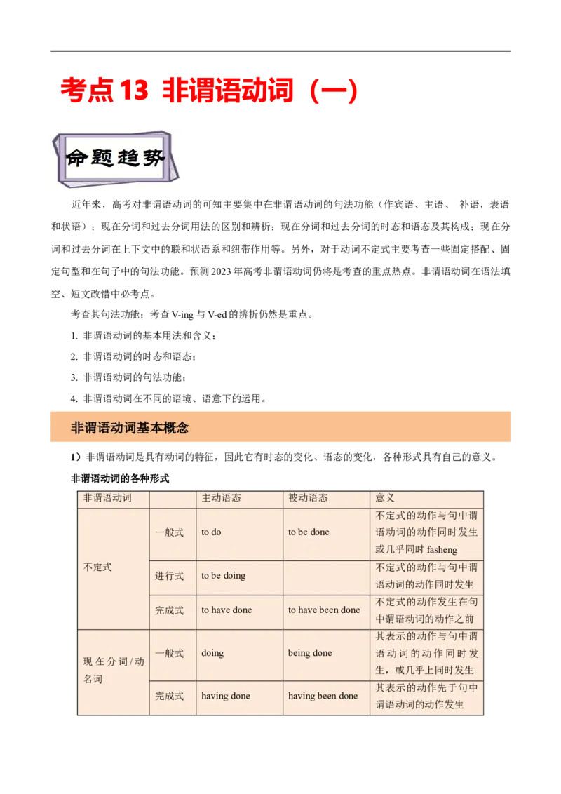 考点13非谓语动词（一）（核心考点精讲练）(原卷版)-备战2023年高考英语一轮复习考点帮（全国通用）_3.2025英语总复习_赠品通用版（老高考）复习资料_一轮复习