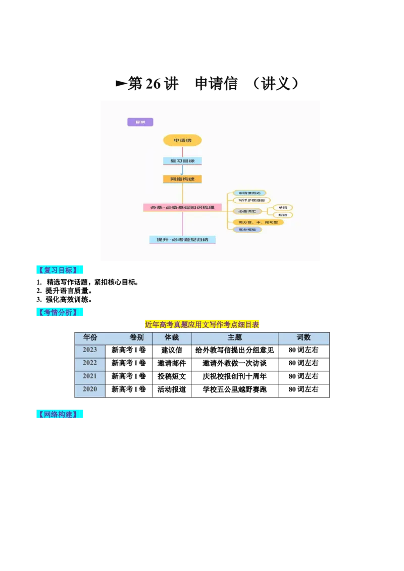 第26讲应用文写作之申请信（讲义）-2024年高考英语一轮复习讲练测（新教材新高考）（解析版）_3.2025英语总复习_2024年新高考资料_1.2024一轮复习_第一-六部分