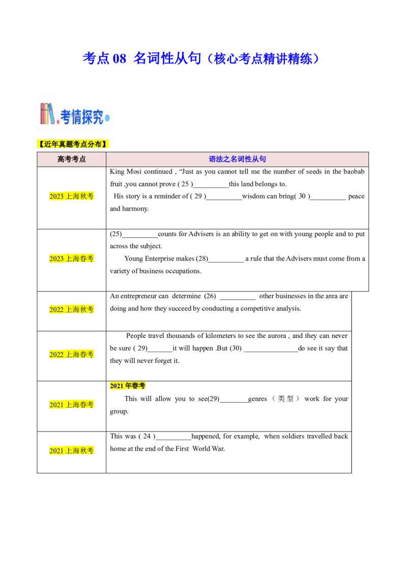 考点08名词性从句（核心考点精讲精练）（原题版）_3.2025英语总复习_2025年新高考资料_一轮复习_备战2025年高考英语一轮复习考点帮_备战2025年高考英语一轮复习考点帮（上海专用）