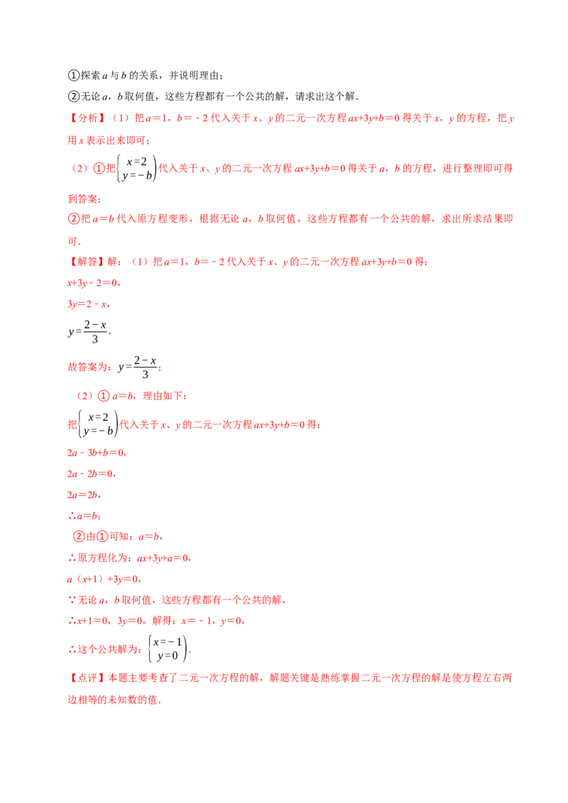 10.1二元一次方程组的概念（分层作业）解析版_初中数学_七年级数学下册（人教版）_分层作业