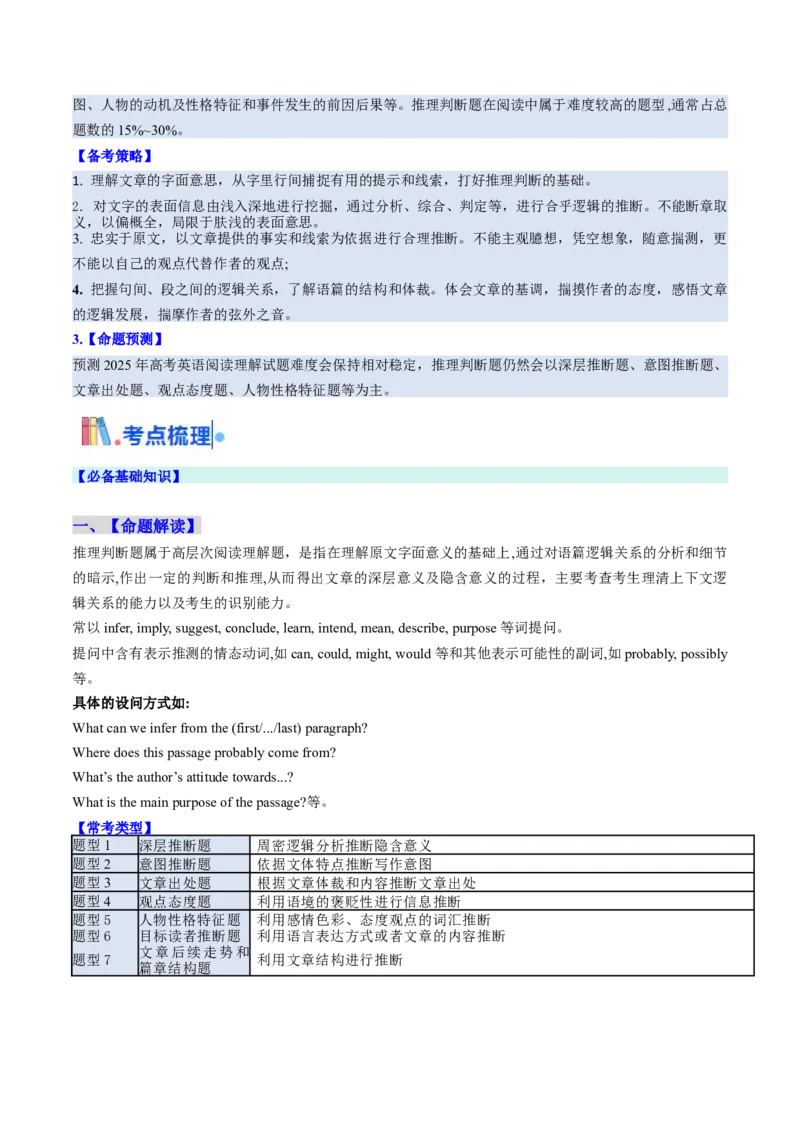 考点26阅读理解之推理判断题（核心考点精讲精练）-备战2025年高考英语一轮复习考点帮（新高考通用）（原卷版）)_3.2025英语总复习_2025年新高考资料_一轮复习
