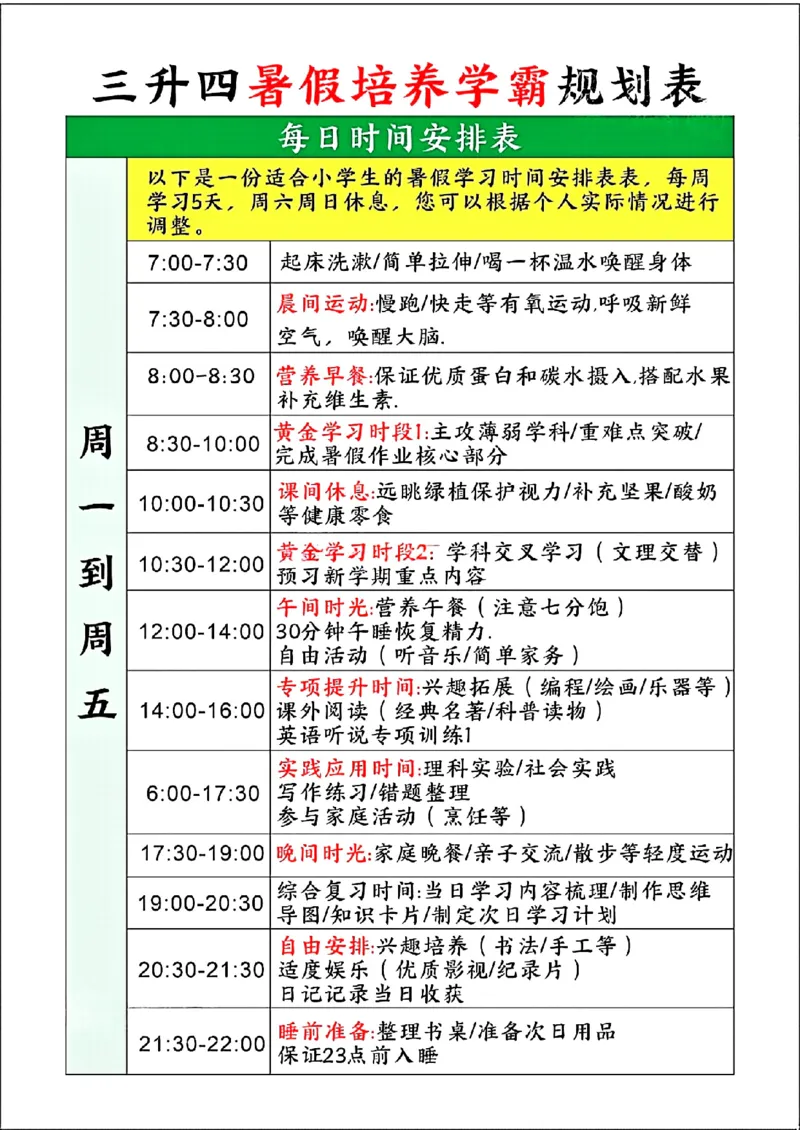 三升四暑假培养学霸规划表_小学资料合集_1-6年级暑假培养学霸规划表