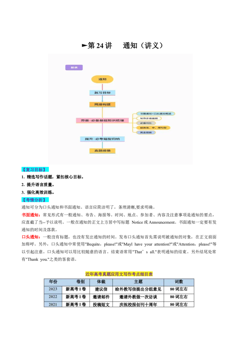 第24讲应用文写作之通知（讲义）-2024年高考英语一轮复习讲练测（新教材新高考）（原卷版）_3.2025英语总复习_2024年新高考资料_1.2024一轮复习_第一-六部分