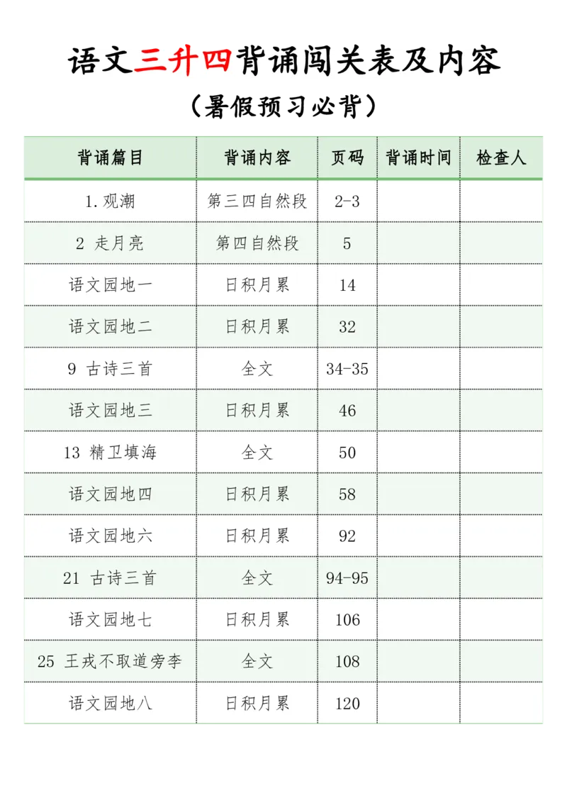 三升四背诵闯关表及必背内容_小学资料合集_2026版小学《暑假背诵闯关》语文1-6衔接