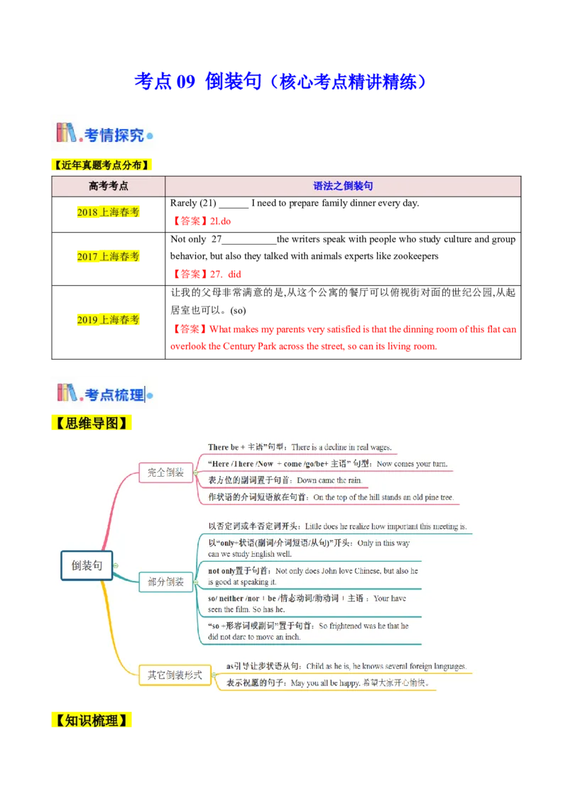 考点09倒装句（核心考点精讲精练）（解析版）_3.2025英语总复习_2025年新高考资料_一轮复习_备战2025年高考英语一轮复习考点帮_备战2025年高考英语一轮复习考点帮（上海专用）