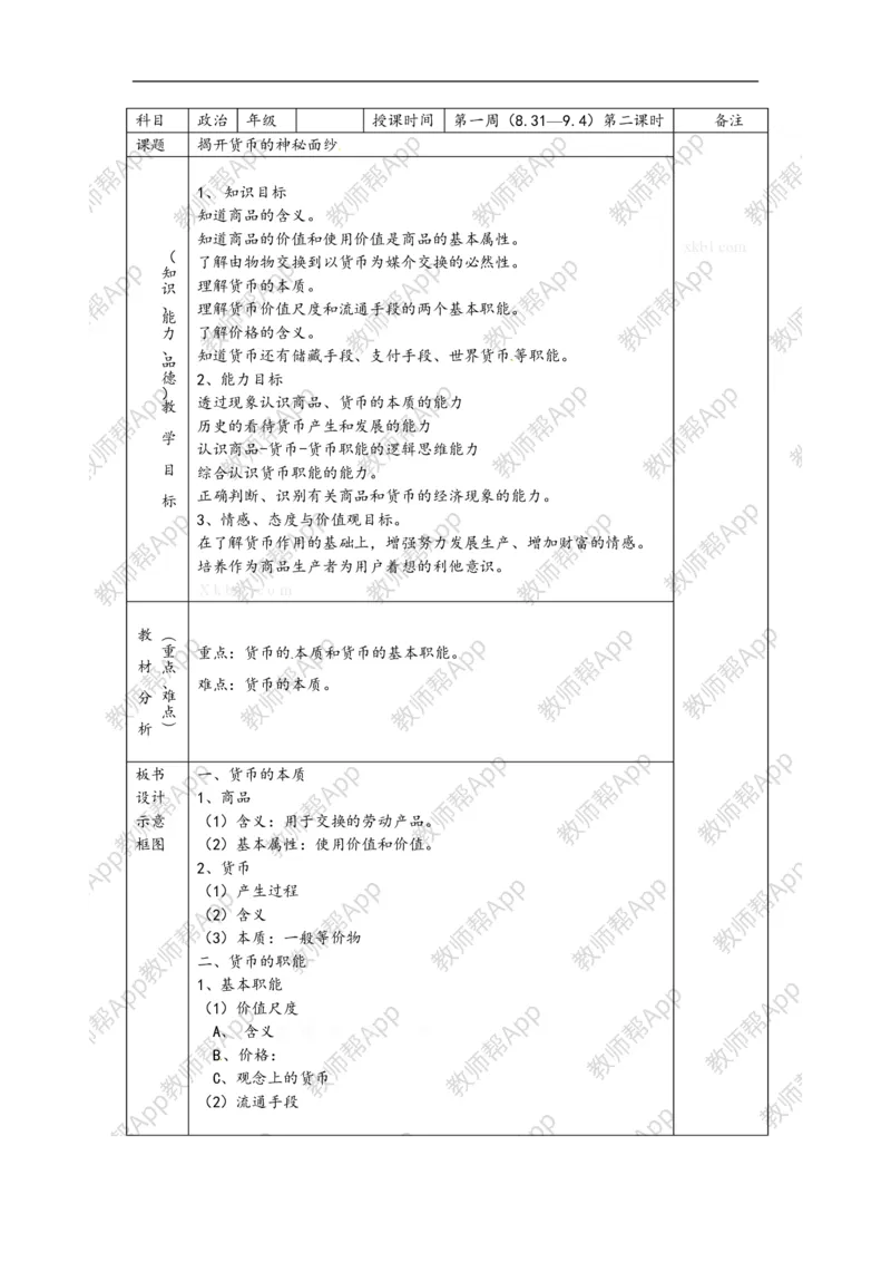 高一政治《1.1.1揭开货币的神秘面纱》教案(1)_教资初高中_教资面试2025教资面试备考资料合集_教资面试资料合集_2025教资面试资料_25上教资面试-小学资料包_19教案：合集